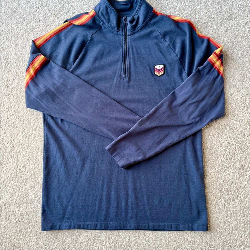 Marine Layer Men’s Navy Quarter-Zip Pullover with Striped Sleeves